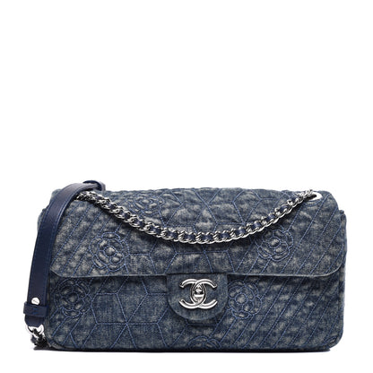 Chanel Denim Quilted Camellia Embroidered Medium Flap Blue 1 of 8