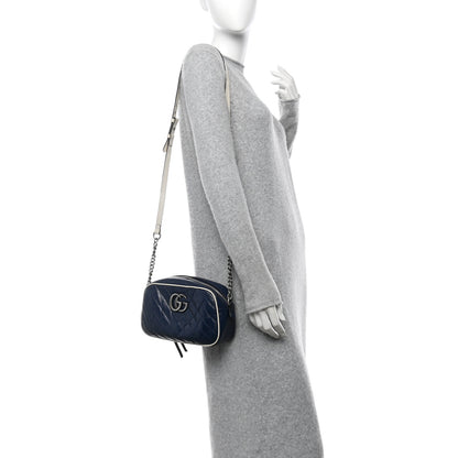 Gucci Vintage Effect Calfskin Matelasse Diagonal Small Torchon GG Marmont Chain Shoulder Bag Blue Agata Mystic White 2 of 14