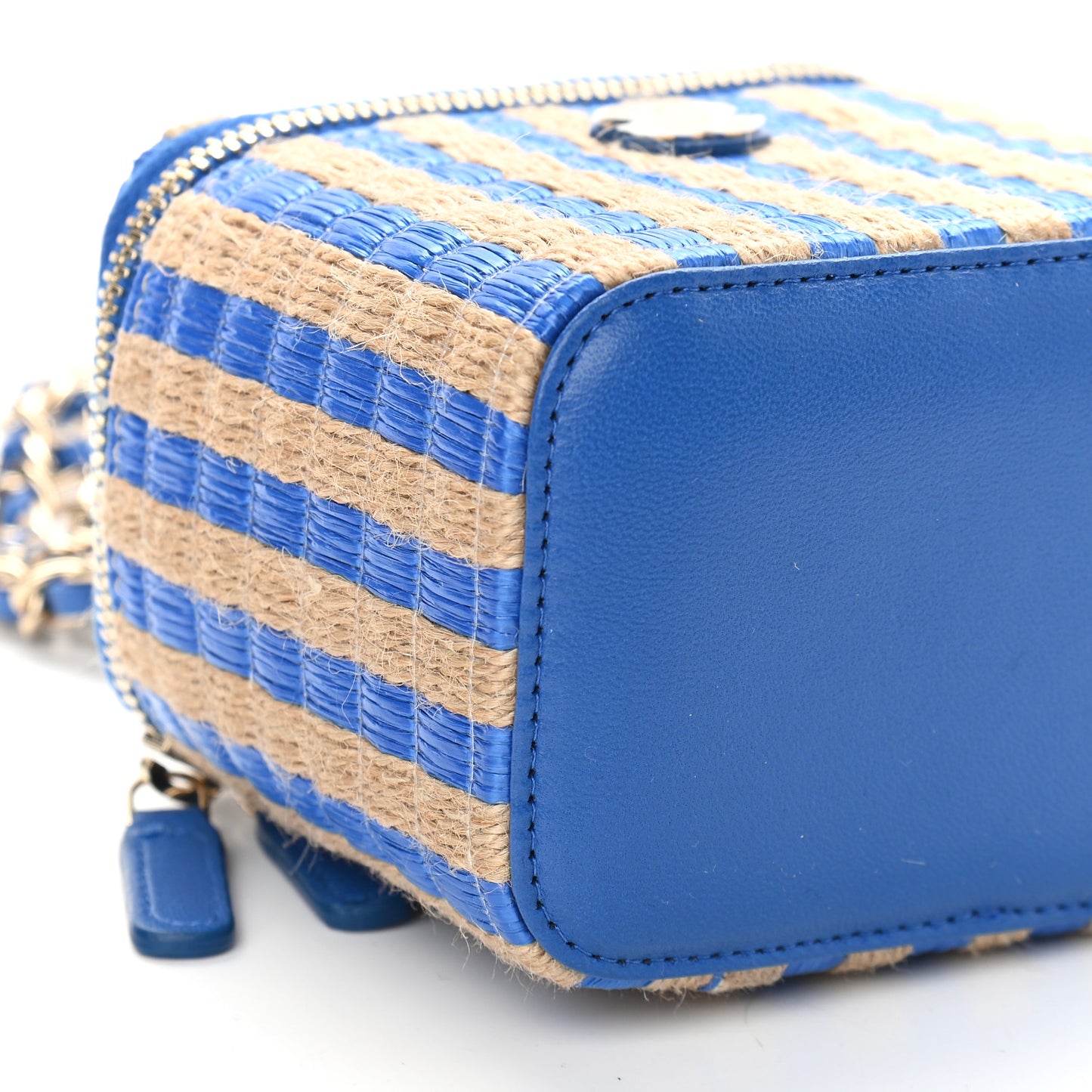 Raffia Jute Striped Mini Vanity Case With Chain Blue Beige