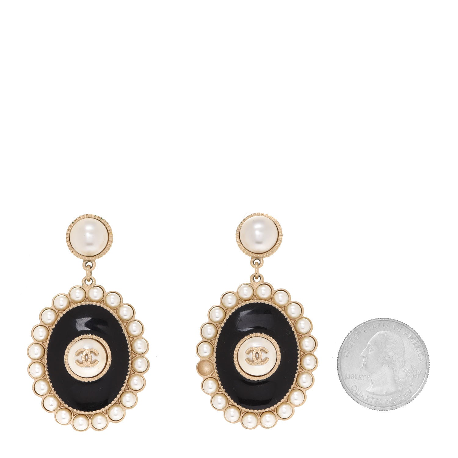 Chanel Pearl Enamel CC Oval Drop Earrings Gold Black 2 of 5
