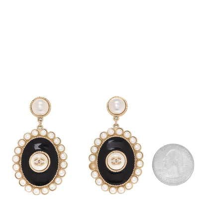 Chanel Pearl Enamel CC Oval Drop Earrings Gold Black 2 of 5
