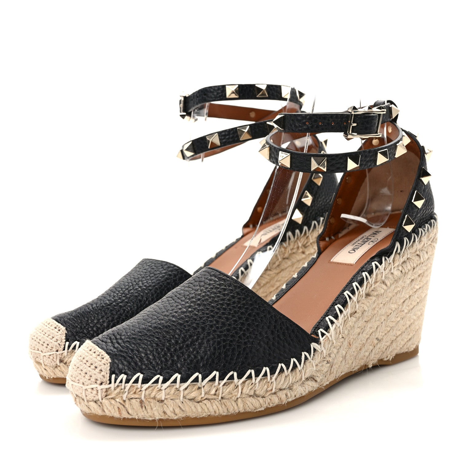 Valentino Garavani Grained Calfskin Rockstud Ankle Wrap Espadrille 15/85mm Wedges 37 Black Light Cuir 3 of 8