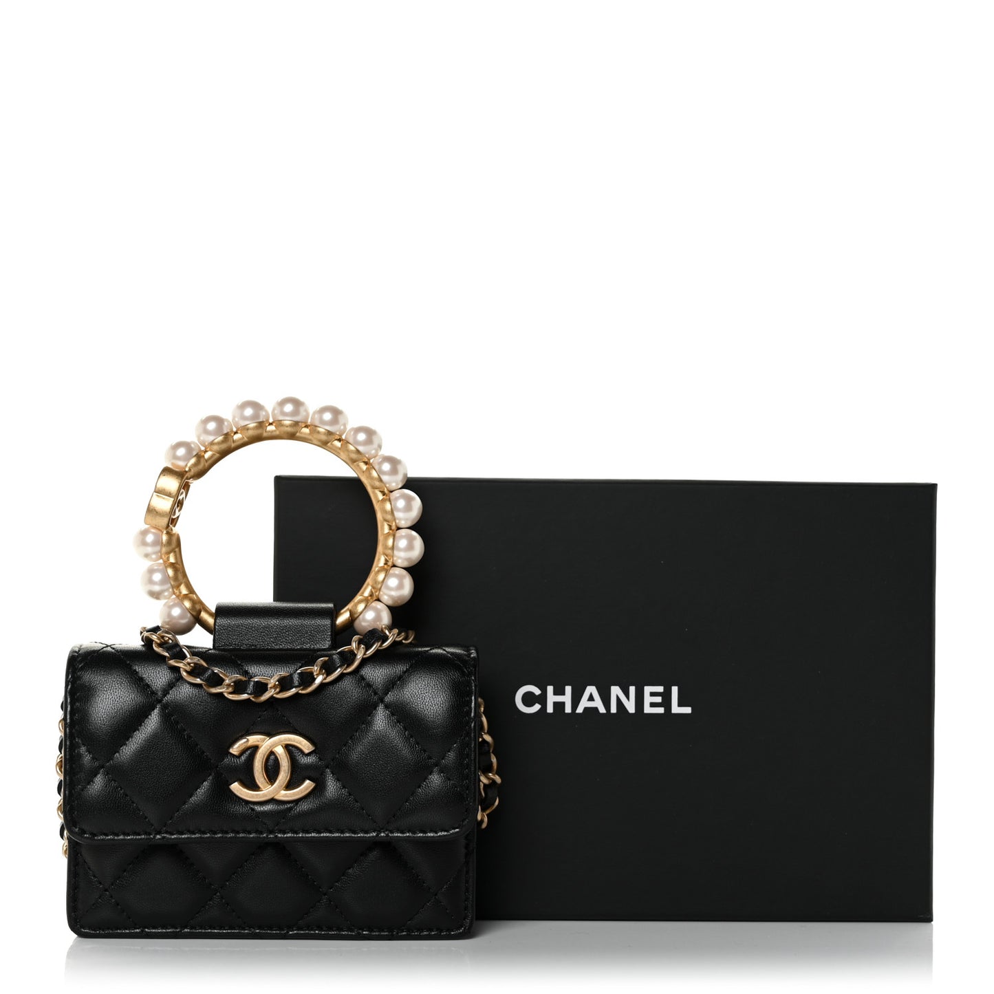 Lambskin Quilted Pearl Crown Clutch With Chain Black