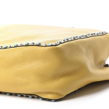Valentino Garavani Stampa Alce Calfskin Medium Guitar Strap Rockstud Rolling Reversible Tote Wine Yellow 15 of 18