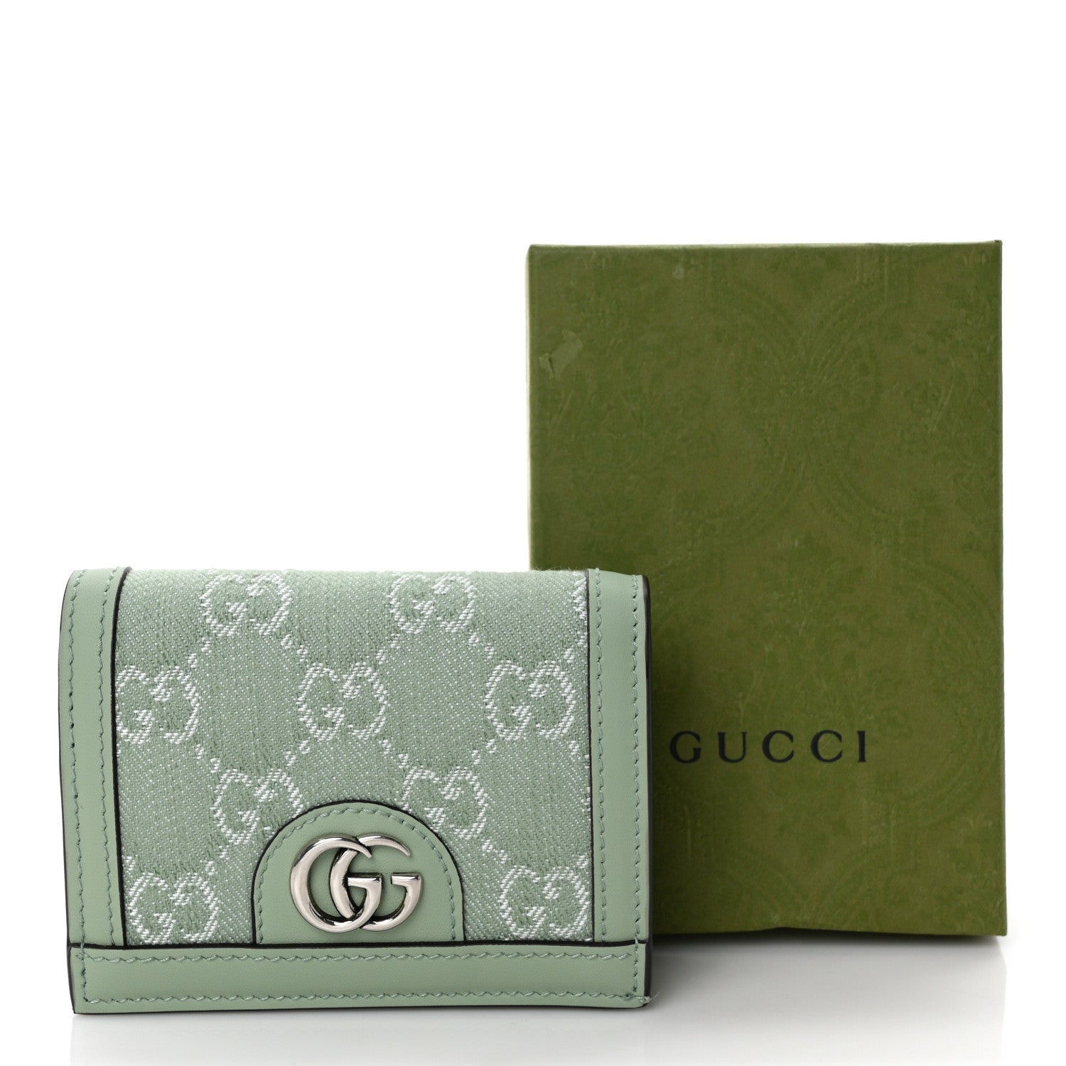 Gucci Denim Monogram Textured Dollar Calfskin Ophidia Card Case Pale Green 7 of 7