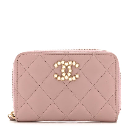 Chanel Lambskin Quilted Pearl CC Zip Around Coin Purse Wallet Pink 1 of 9