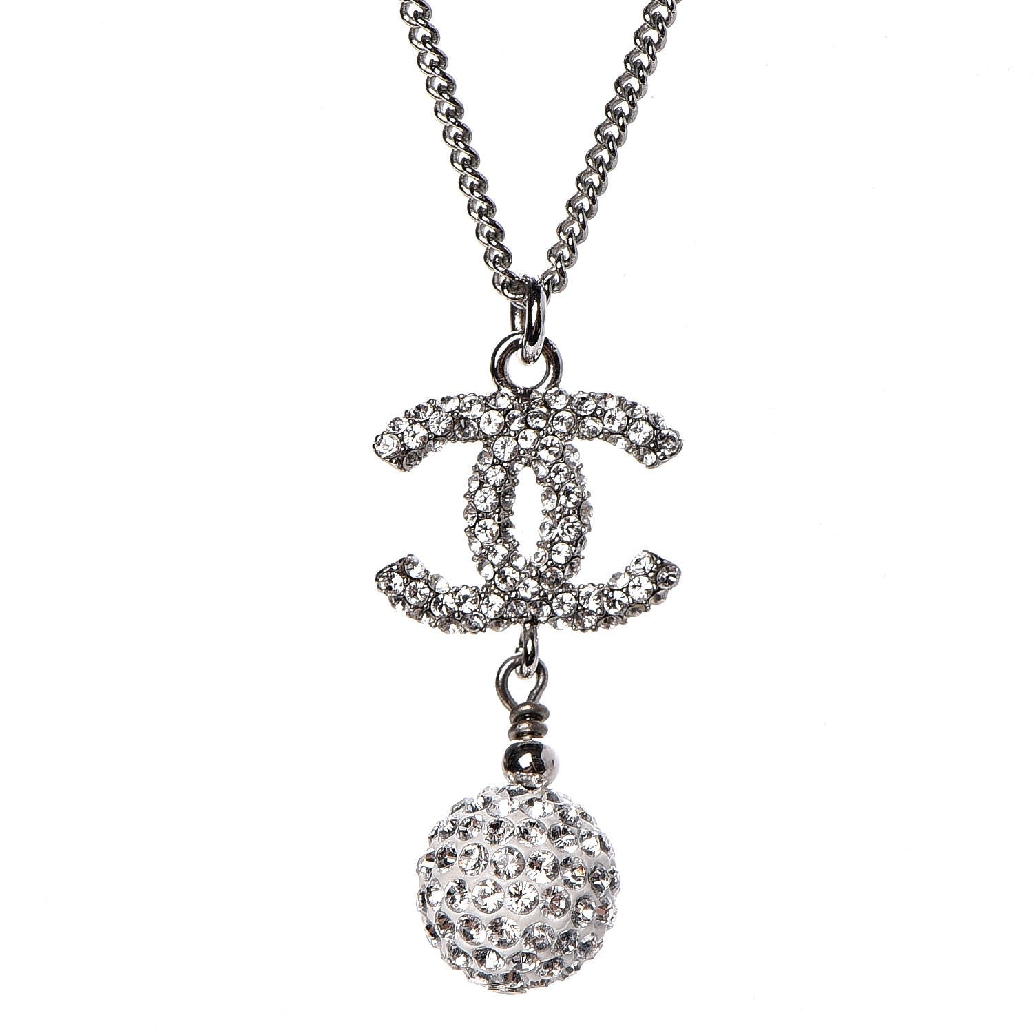 Chanel Crystal CC Ball Pendant Necklace Silver 3 of 5