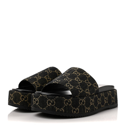Gucci Jacquard Black Denim GG Monogram Angelina Platform 55mm Slide Sandals 40 Black Ivory 3 of 8