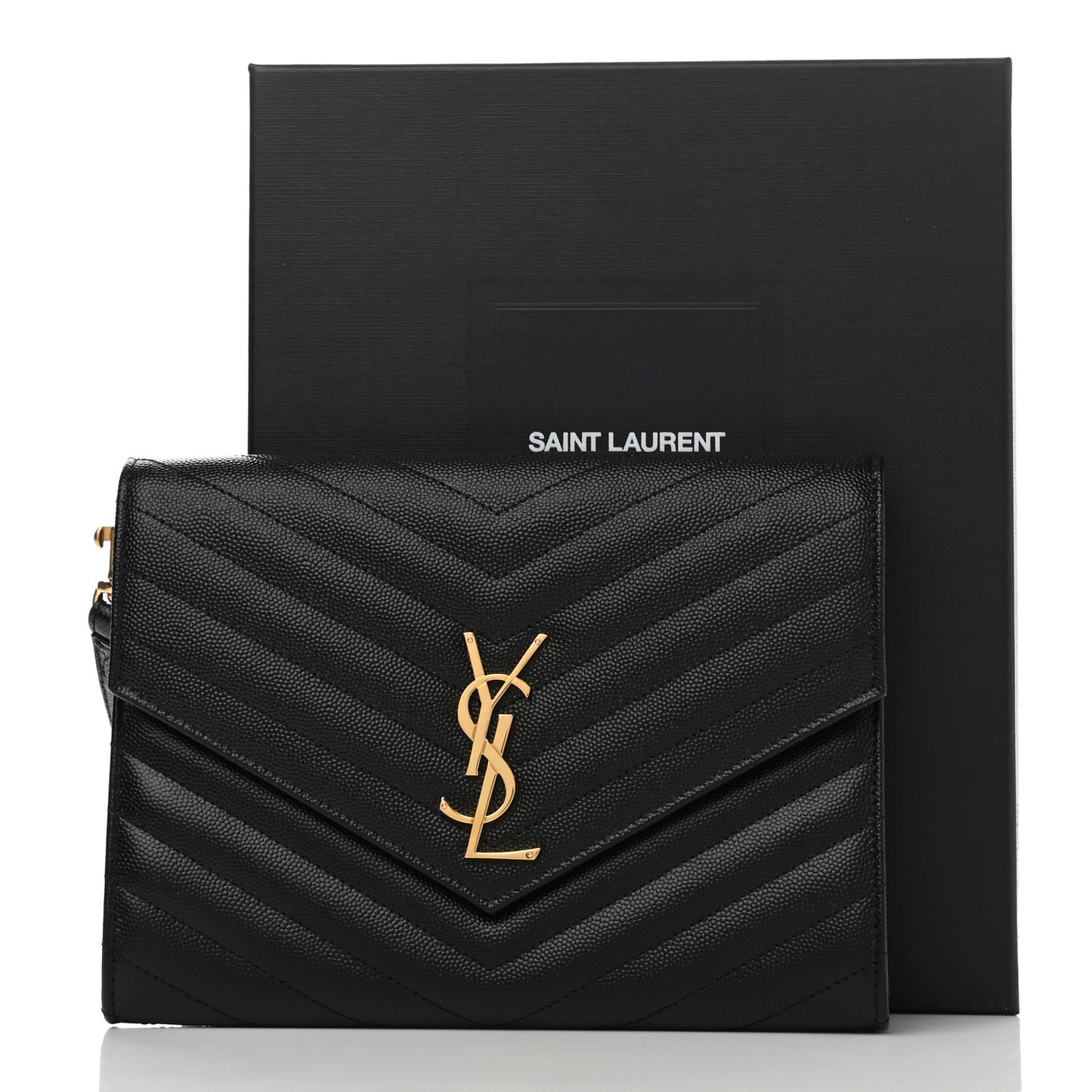 Grain De Poudre Matelasse Chevron Monogram Envelope Clutch Black