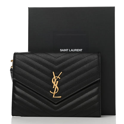 Saint Laurent Grain De Poudre Matelasse Chevron Monogram Envelope Clutch Black 8 of 8