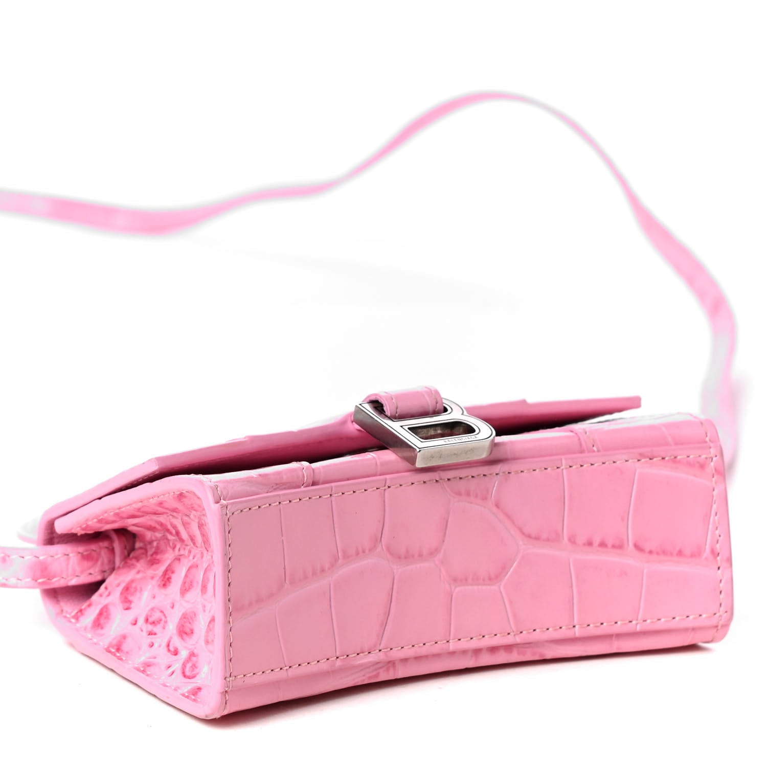 Balenciaga Shiny Calfskin Crocodile Embossed Hourglass Top Handle Bag Mini Pink 3 of 9