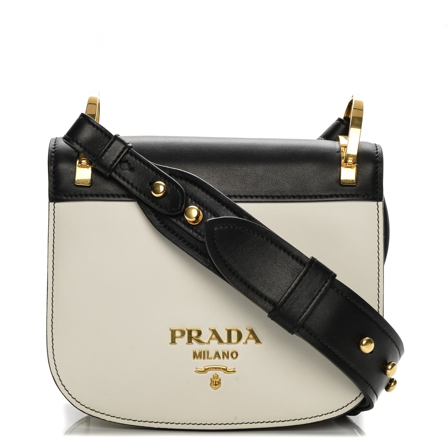 Prada City Calf Pionniere Saddle Bag Black White 1 of 6