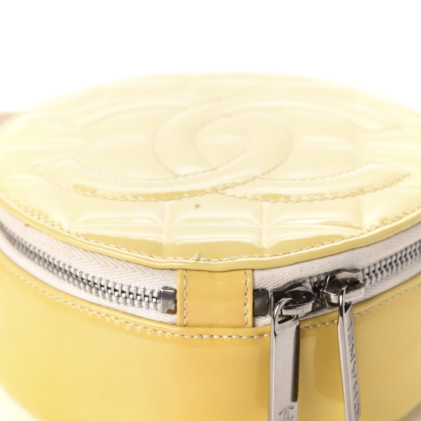 Patent Quilted CC Chocolate Bar Round Shoulder Bag Yellow