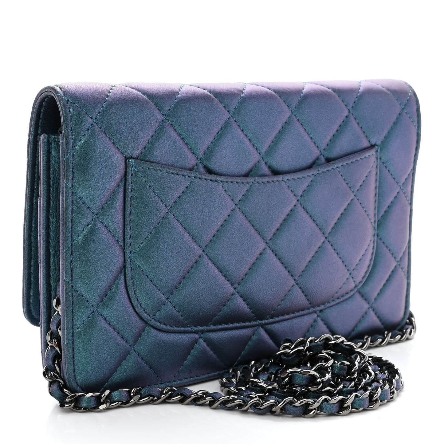 Iridescent Lambskin Quilted Wallet On Chain WOC Turquoise