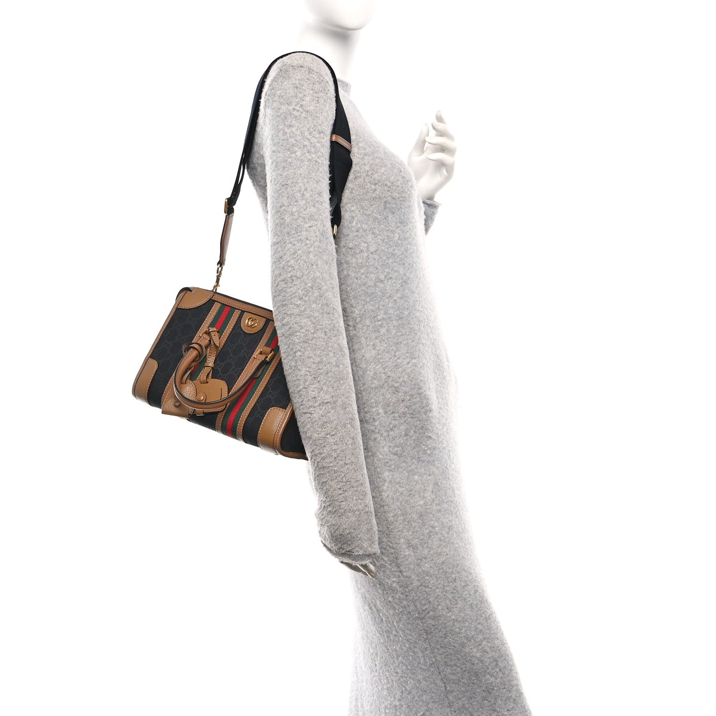 Monogram Textured Dollar Calfskin Web Small Bauletto Duffle Top Handle Bag Black Koi Beige