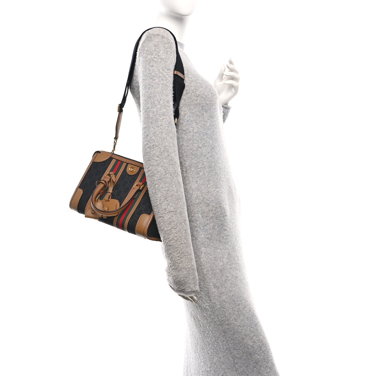 Gucci Monogram Textured Dollar Calfskin Web Small Bauletto Duffle Top Handle Bag Black Koi Beige 2 of 15