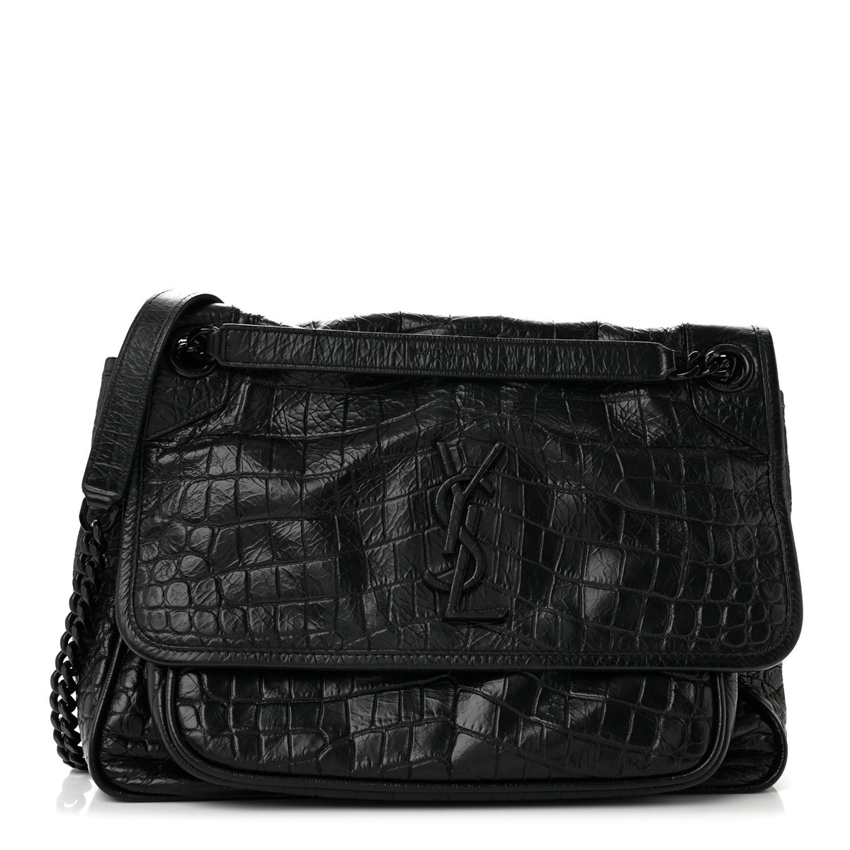 Saint Laurent Crocodile Embossed Lambskin Monogram Medium Niki Chain Satchel Black 1 of 12