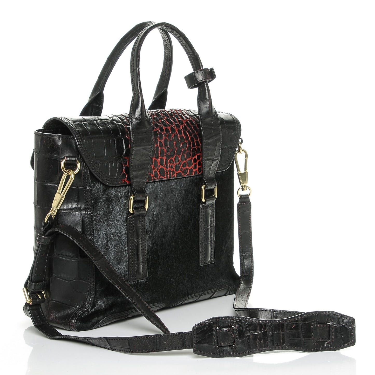 3.1 Calf Hair Calfskin Crocodile Embossed Medium Pashli Satchel Antique Red Black