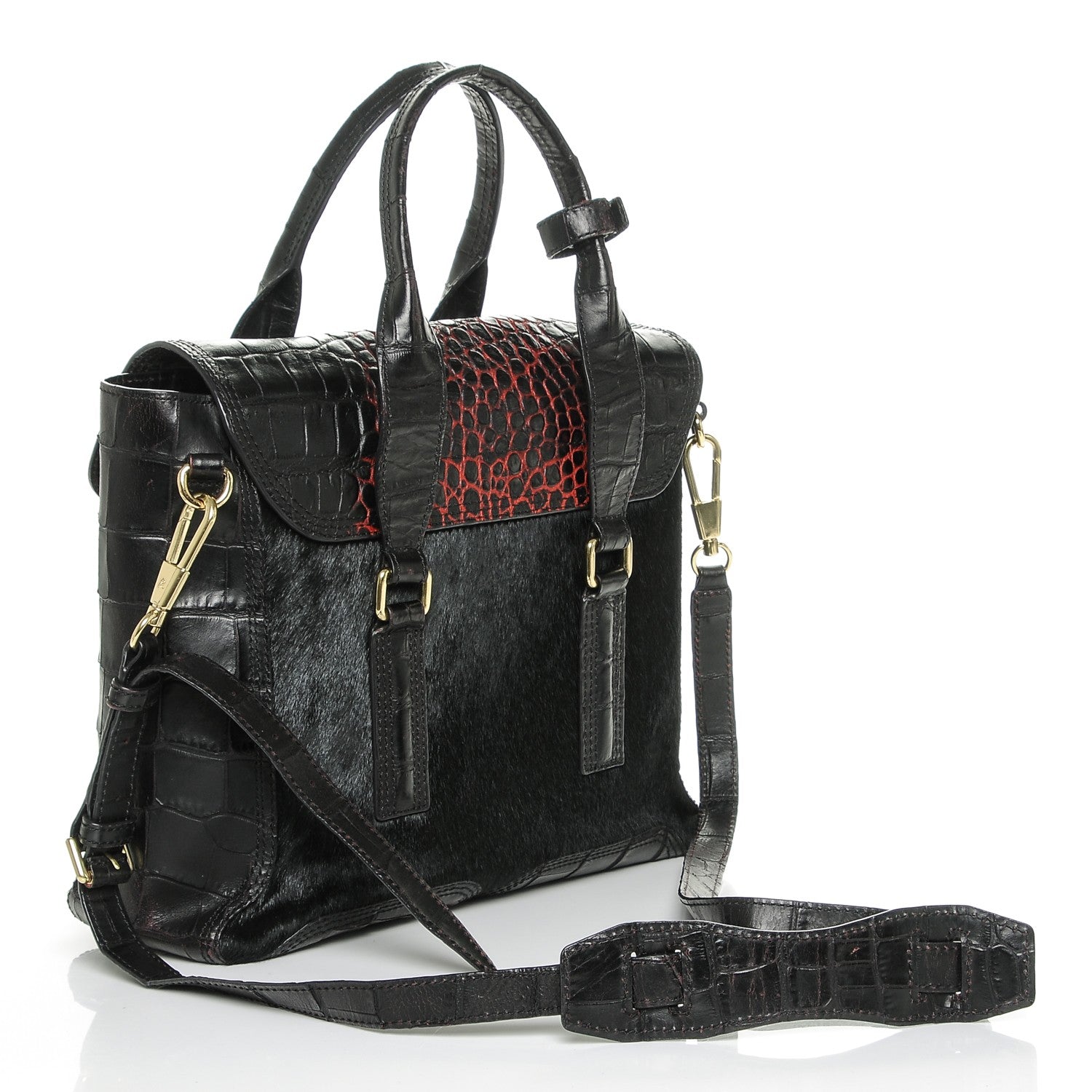 3.1 Phillip Lim 3.1 Calf Hair Calfskin Crocodile Embossed Medium Pashli Satchel Antique Red Black 3 of 8