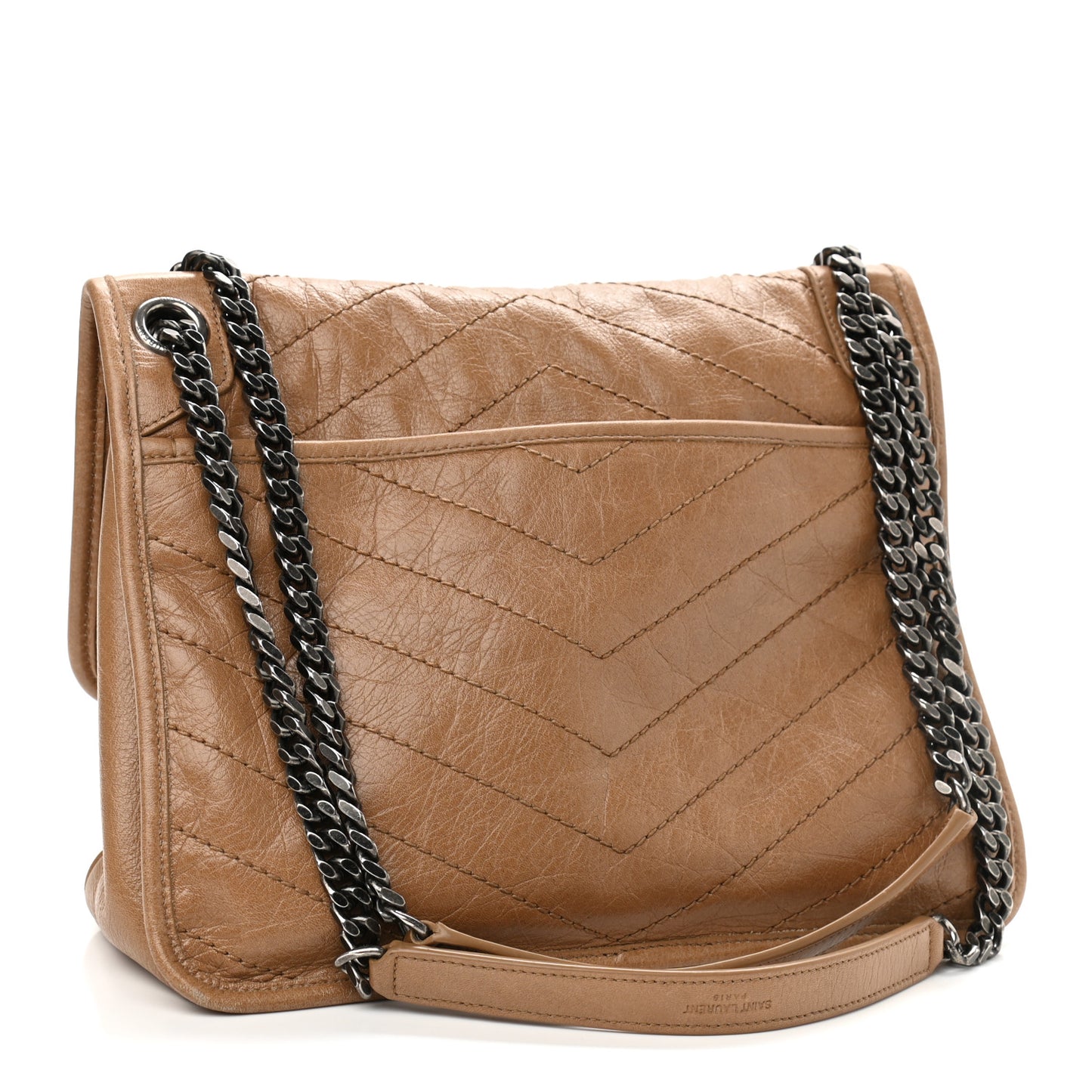 Crinkled Calfskin Matelasse Monogram Medium Niki Chain Satchel Caramel