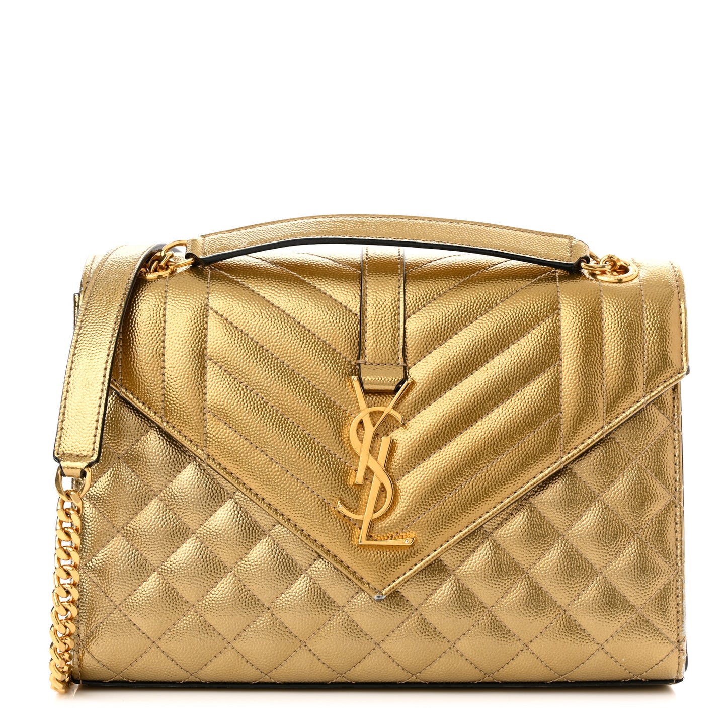 Metallic Grain De Poudre Textured Mixed Matelasse Triquilt Medium Monogram Satchel Gold