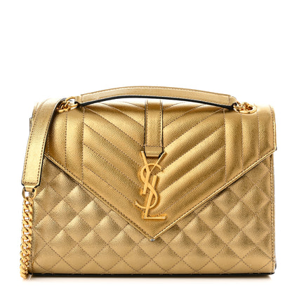 Saint Laurent Metallic Grain De Poudre Textured Mixed Matelasse Triquilt Medium Monogram Satchel Gold 1 of 9