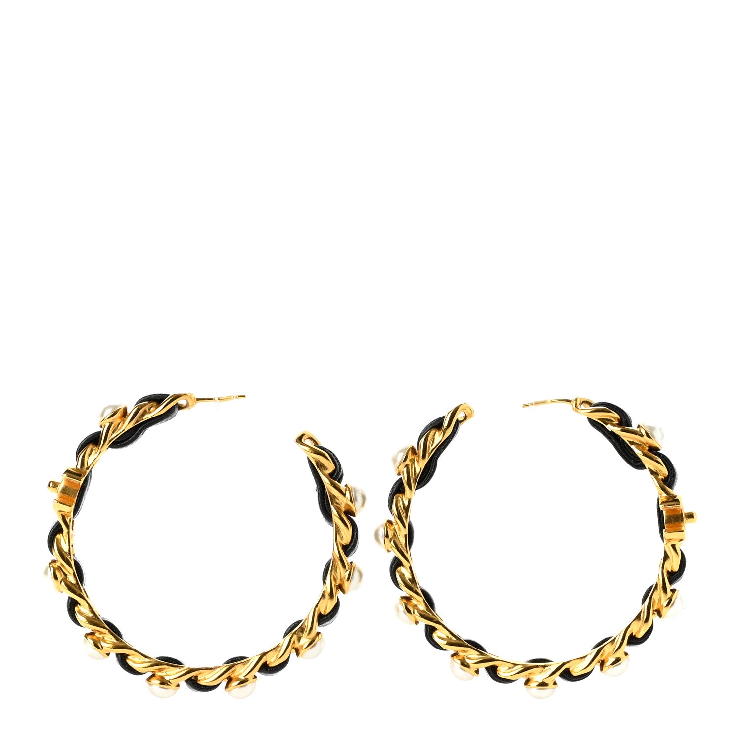 Chanel Lambskin Pearl CC Chain Hoop Earrings Gold Black 2 of 5