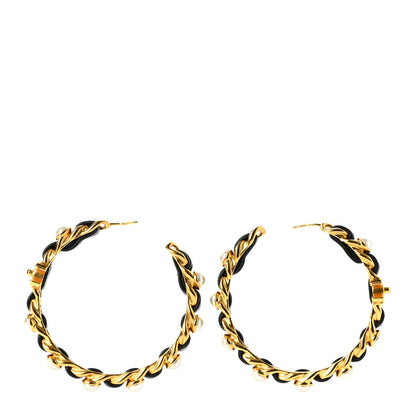 Chanel Lambskin Pearl CC Chain Hoop Earrings Gold Black 2 of 5
