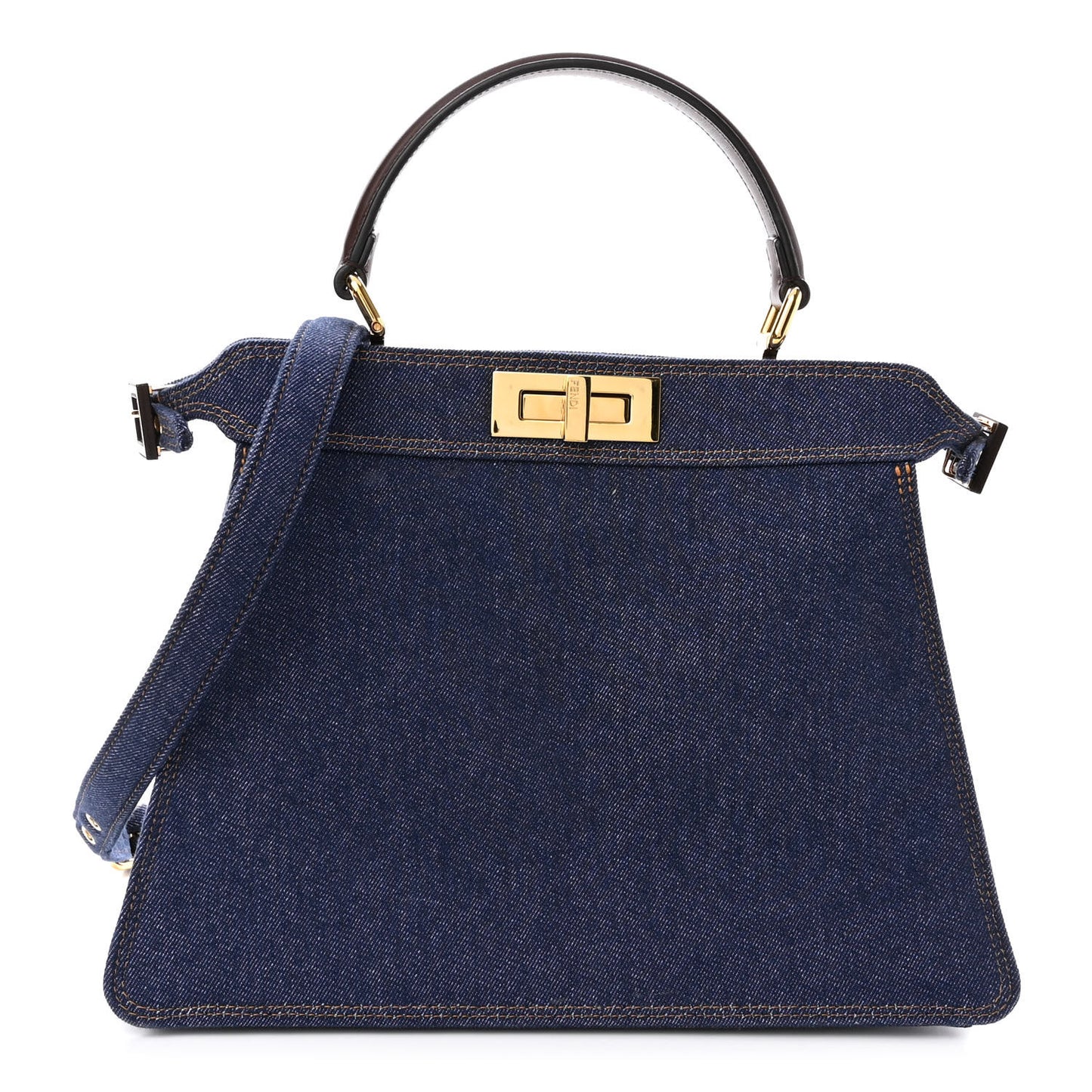 Denim Fabric Jacquard Cuoio FF 1974 Medium Peekaboo I SEE U Satchel Blue Tobacco Moro