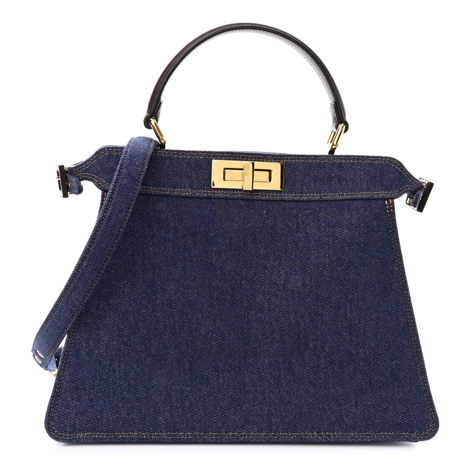 Fendi Denim Fabric Jacquard Cuoio FF 1974 Medium Peekaboo I SEE U Satchel Blue Tobacco Moro 1 of 11