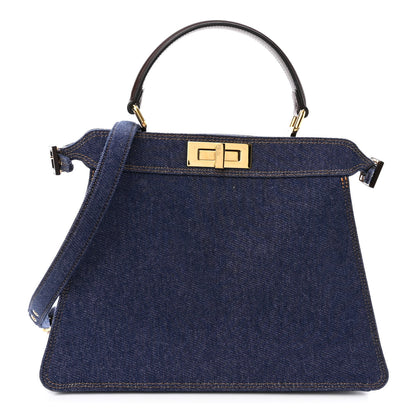 Fendi Denim Fabric Jacquard Cuoio FF 1974 Medium Peekaboo I SEE U Satchel Blue Tobacco Moro 1 of 11