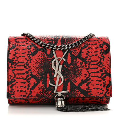 Saint Laurent Calfskin Snakeskin Embossed Small Classic Monogram Kate Tassel Satchel Red Black 1 of 12