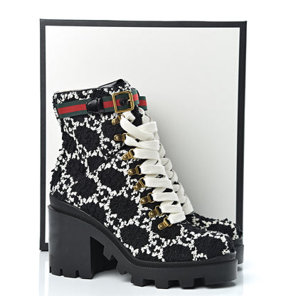 Gucci Tweed GG Monogram Lace Up Combat Ankle Boots 40 Black 10 of 10