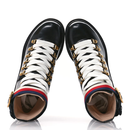 Gucci Calfskin Sylvie Web Womens Lace Up Combat Boots 35 Black 2 of 9