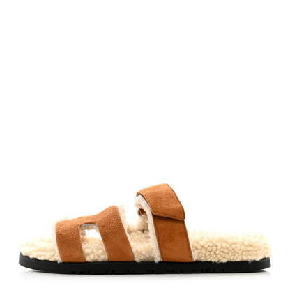 Hermes Suede Goatskin Woolskin Womens Chypre Sandals 37.5 Brun Fume Ecru 1 of 8