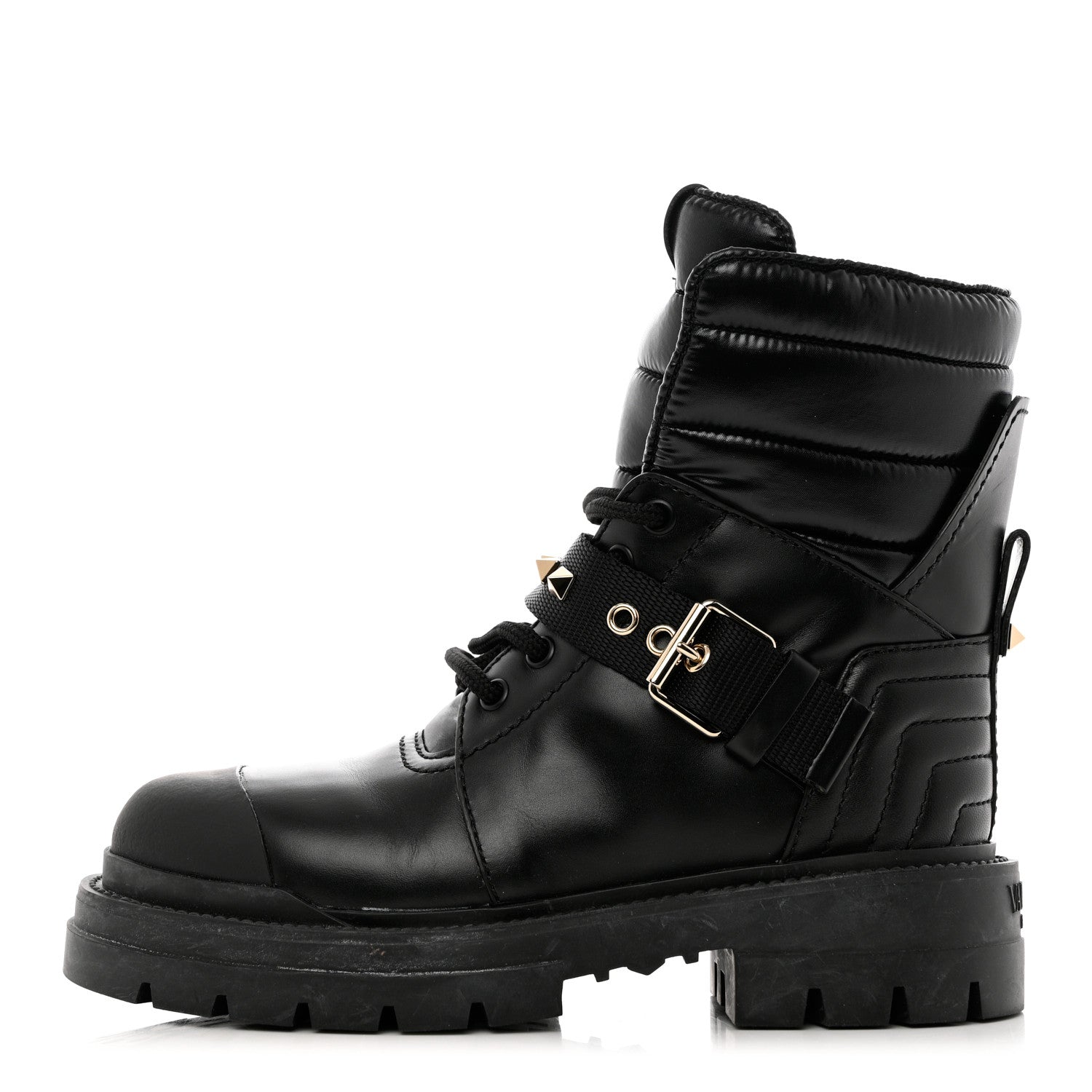 Valentino Garavani Calfskin Nylon Quilted Waterproof Rockstud Combat Boots 35.5 Black 1 of 10