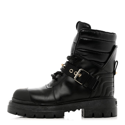 Valentino Garavani Calfskin Nylon Quilted Waterproof Rockstud Combat Boots 35.5 Black 1 of 10