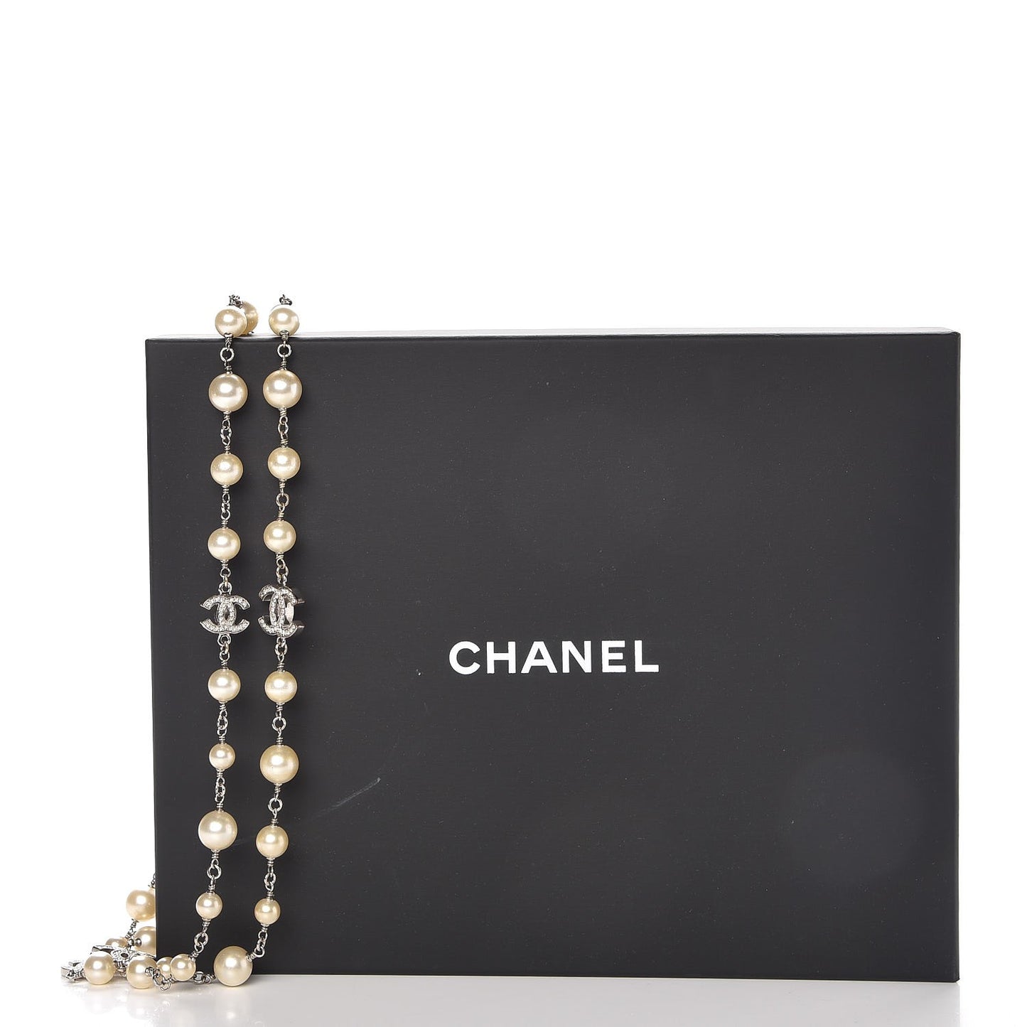 Crystal Pearl CC Long Necklace Silver