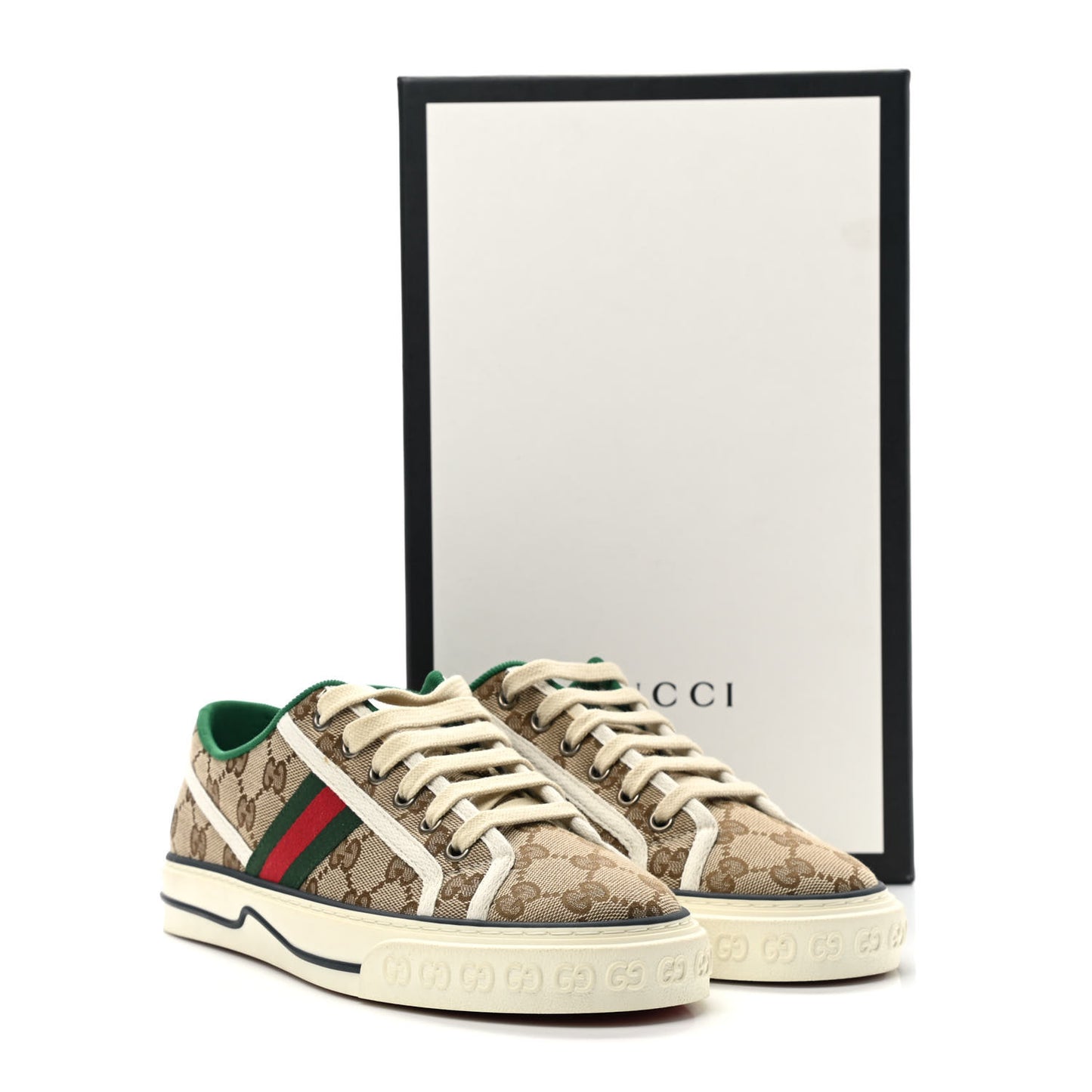 GG Monogram Web Womens 1977 Tennis Sneakers 39 Beige Ebony Mystic White