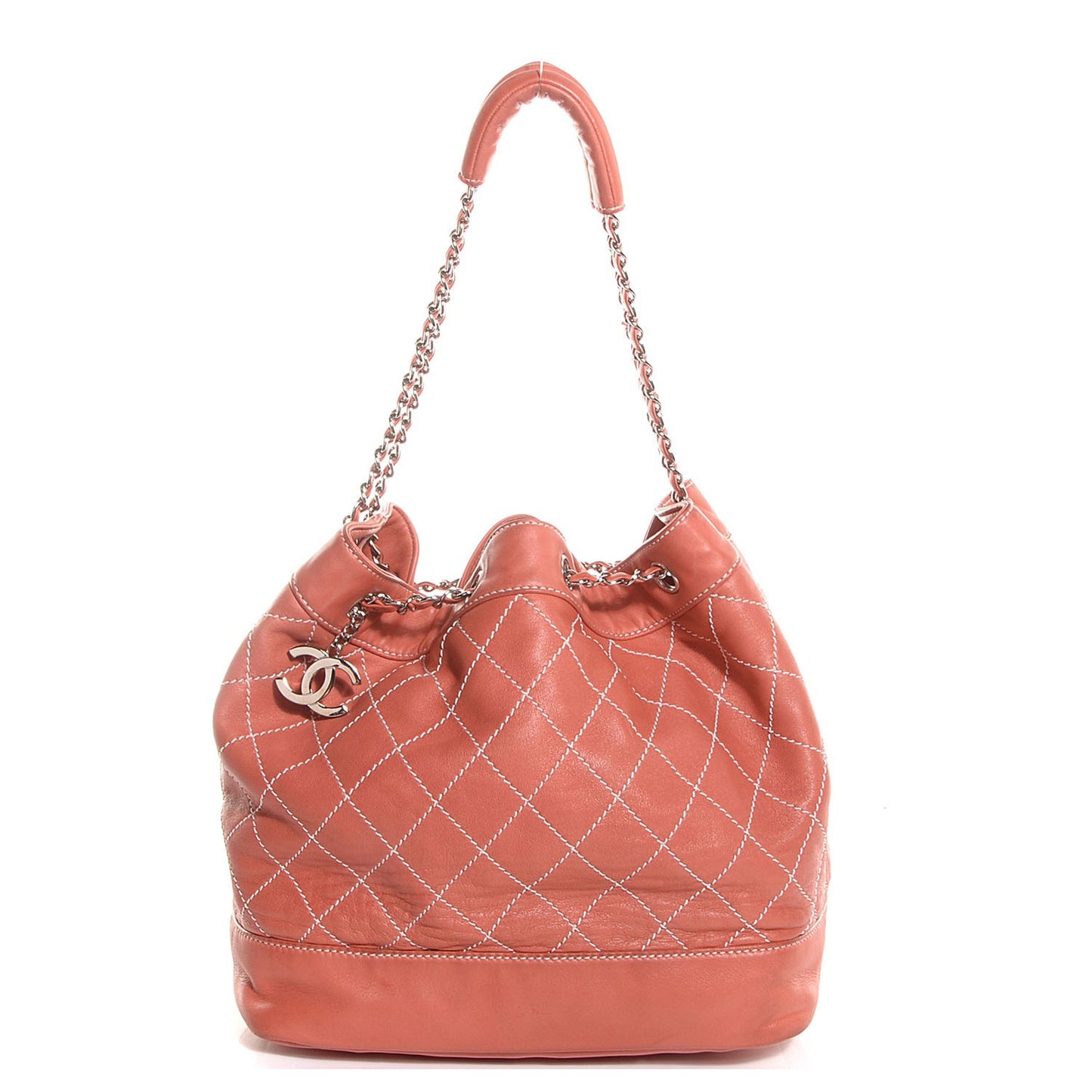 Lambskin Contrast Stitch Large Drawstring Tote Coral