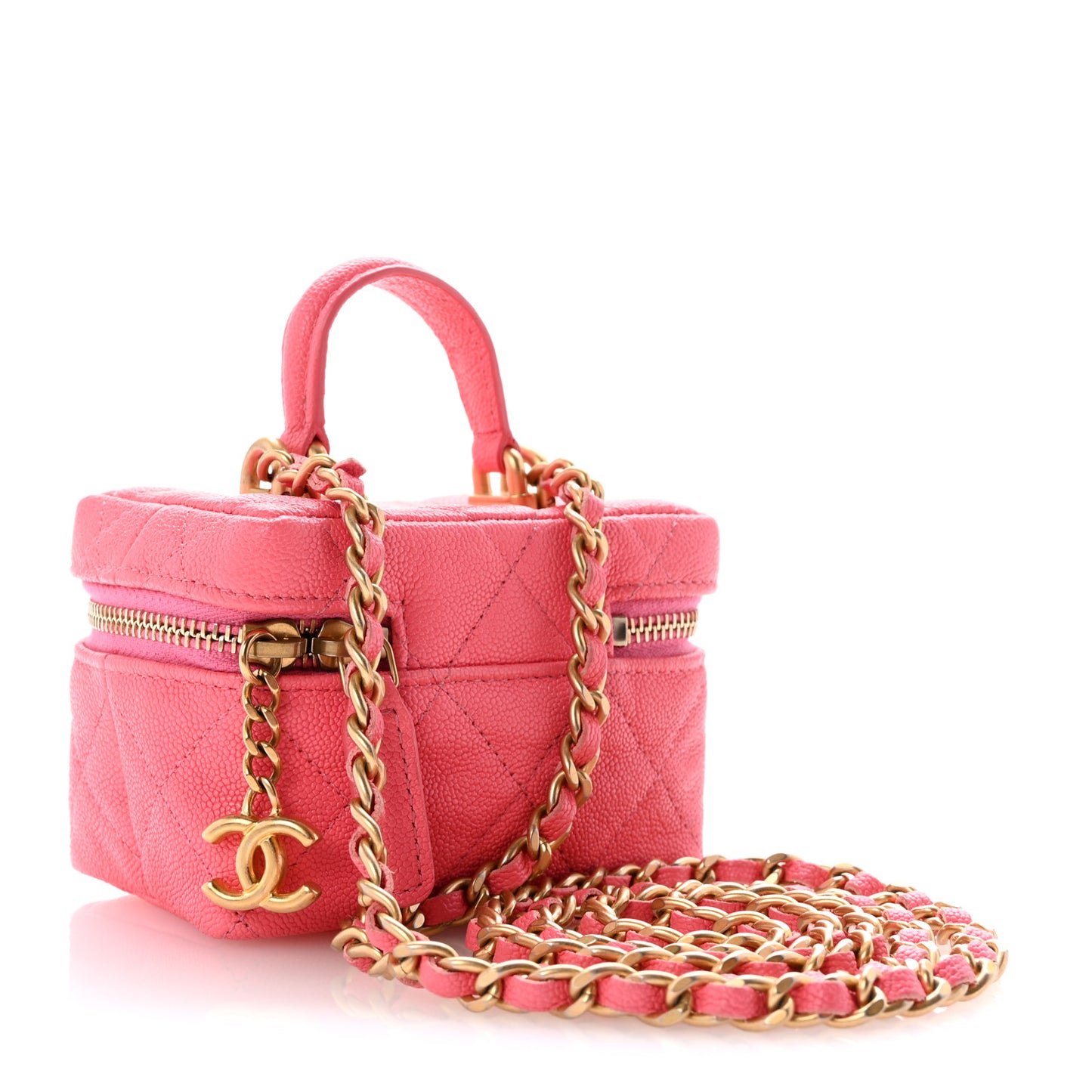 Caviar Quilted Mini Top Handle Vanity With Chain Pink