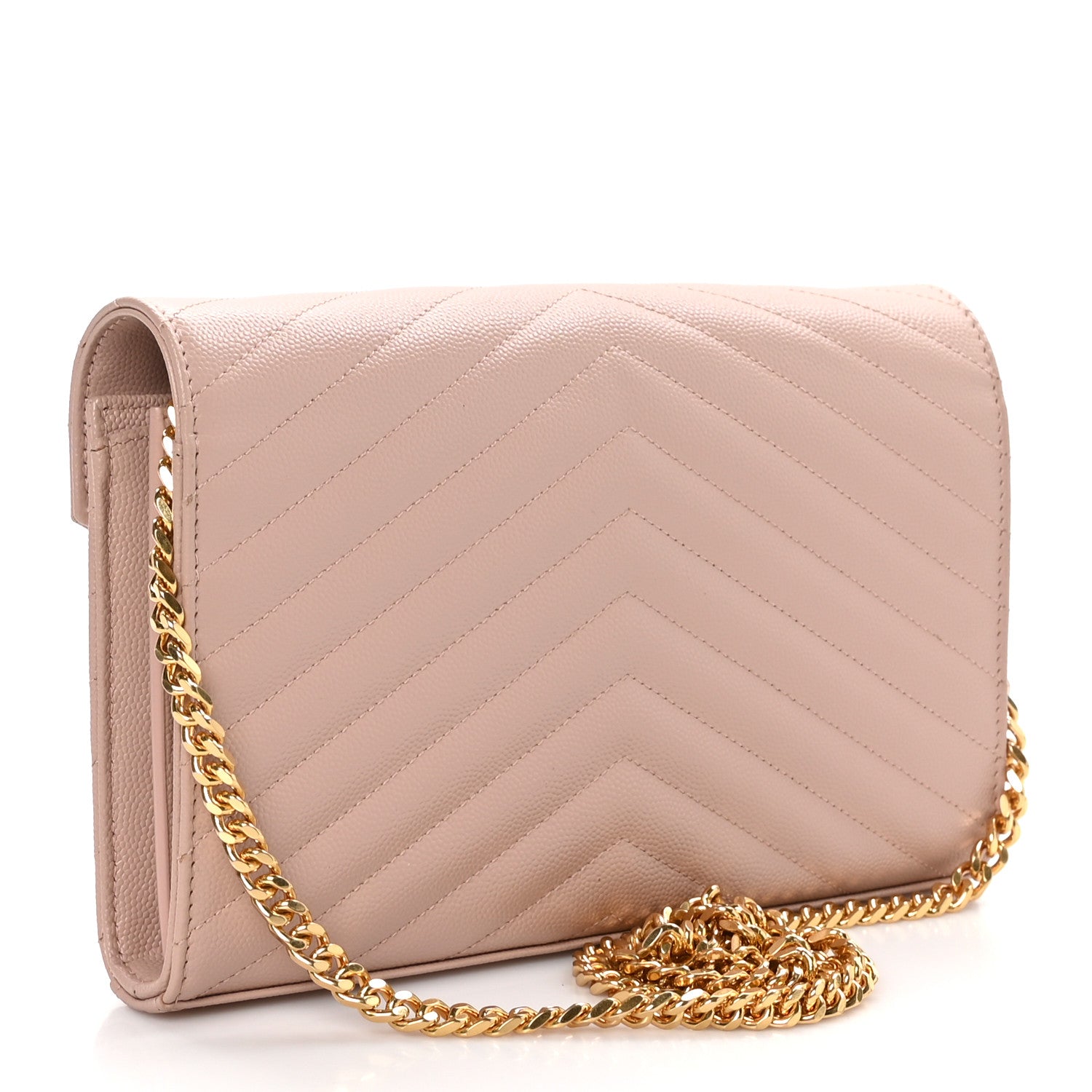 Saint Laurent Grain De Poudre Matelasse Chevron Monogram Chain Wallet Pale Pink 3 of 10