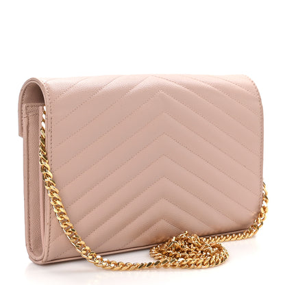 Saint Laurent Grain De Poudre Matelasse Chevron Monogram Chain Wallet Pale Pink 3 of 10