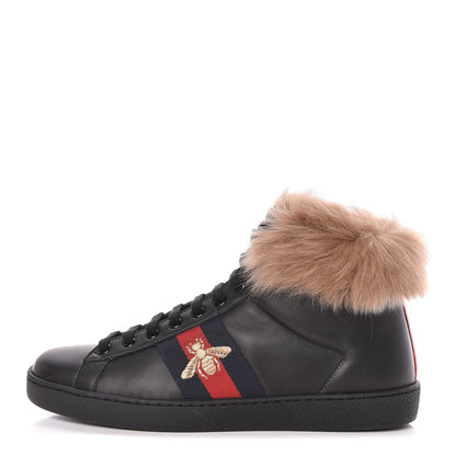 Gucci Calfskin Wool Web Bee Embroidered Mens Ace High Top Sneakers 7 Black 1 of 7