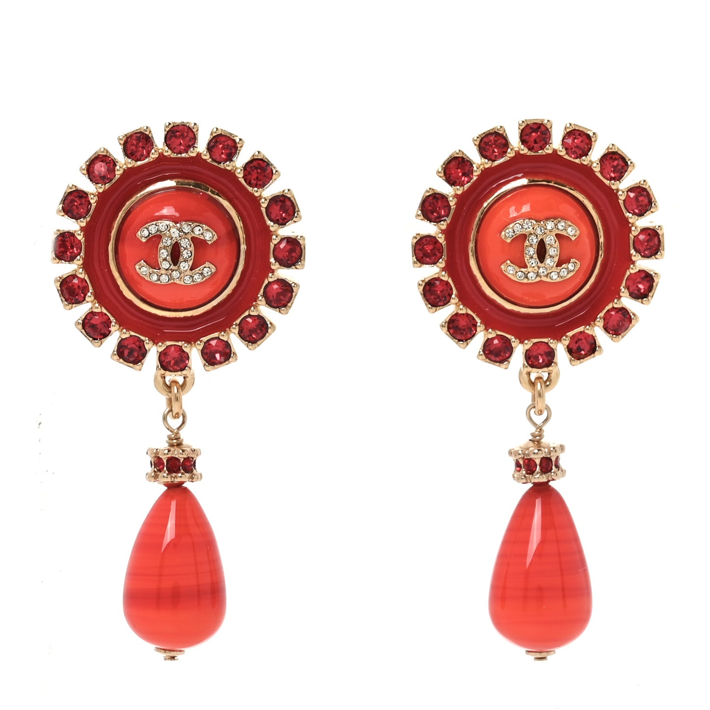 Enamel Resin Crystal CC Drop Earrings Red Gold