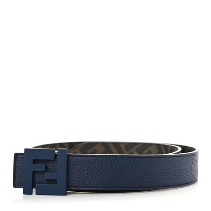 Fendi Cuoio Romano Glazed Fabric Enamel FF 1974 FF Buckle Reversible Belt 85 34 Blue Notte Tobacco Moro 1 of 5
