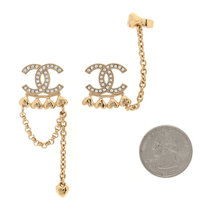 Chanel Metal Crystal CC Drop Heart Link Earrings Gold 2 of 4