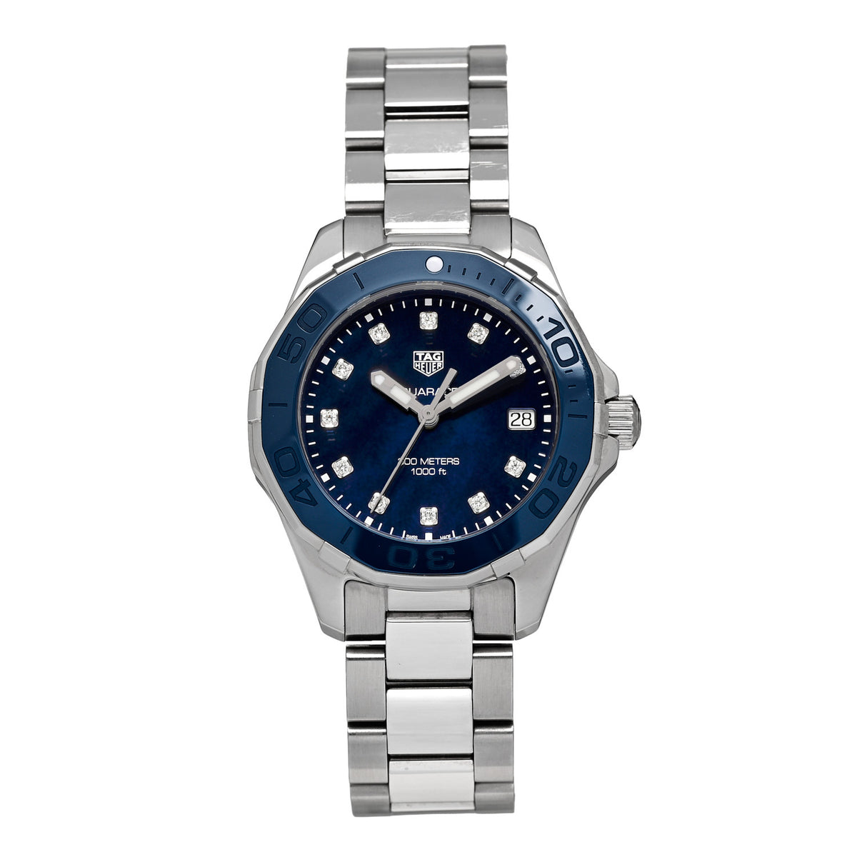 Stainless Steel Ceramic Diamond Blue Mother of Pearl 35mm Aquaracer Quartz Watch WAY131L