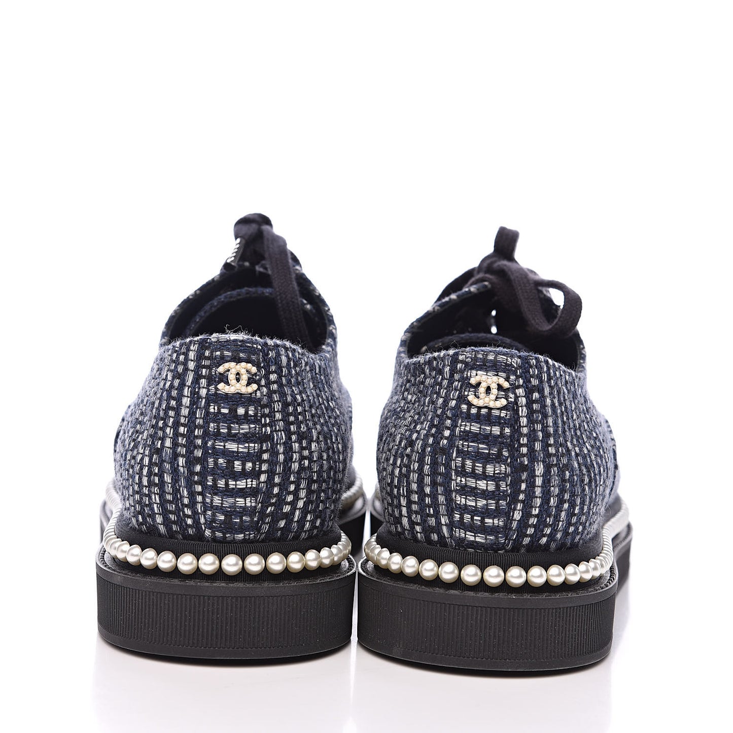 Tweed Grosgrain Pearl Lace Up Sneakers 38 Navy Black