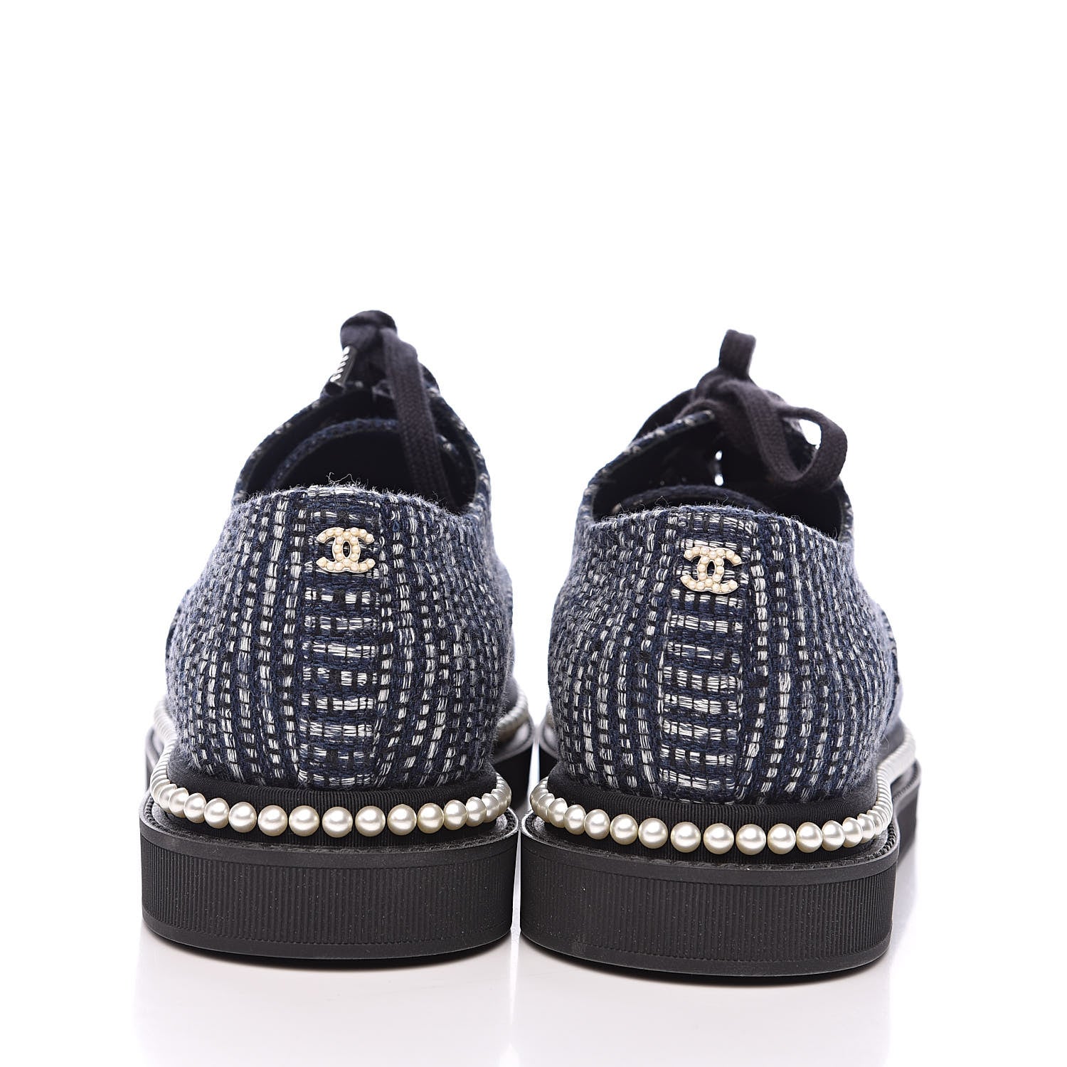 Chanel Tweed Grosgrain Pearl Lace Up Sneakers 38 Navy Black 5 of 9